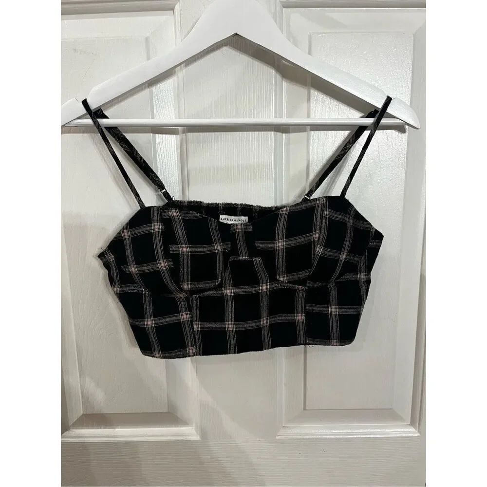 American Eagle Black &āTan Plaid Longline Padded Bra Top sz S